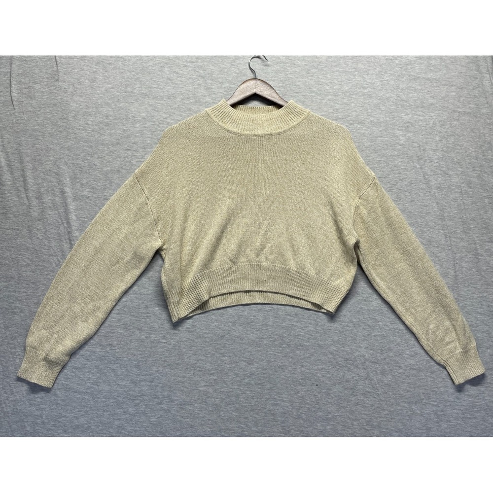 H&M Divided Cropped Sweater Women Small Beige Tight Knit Mock Neck Drop Shoulder